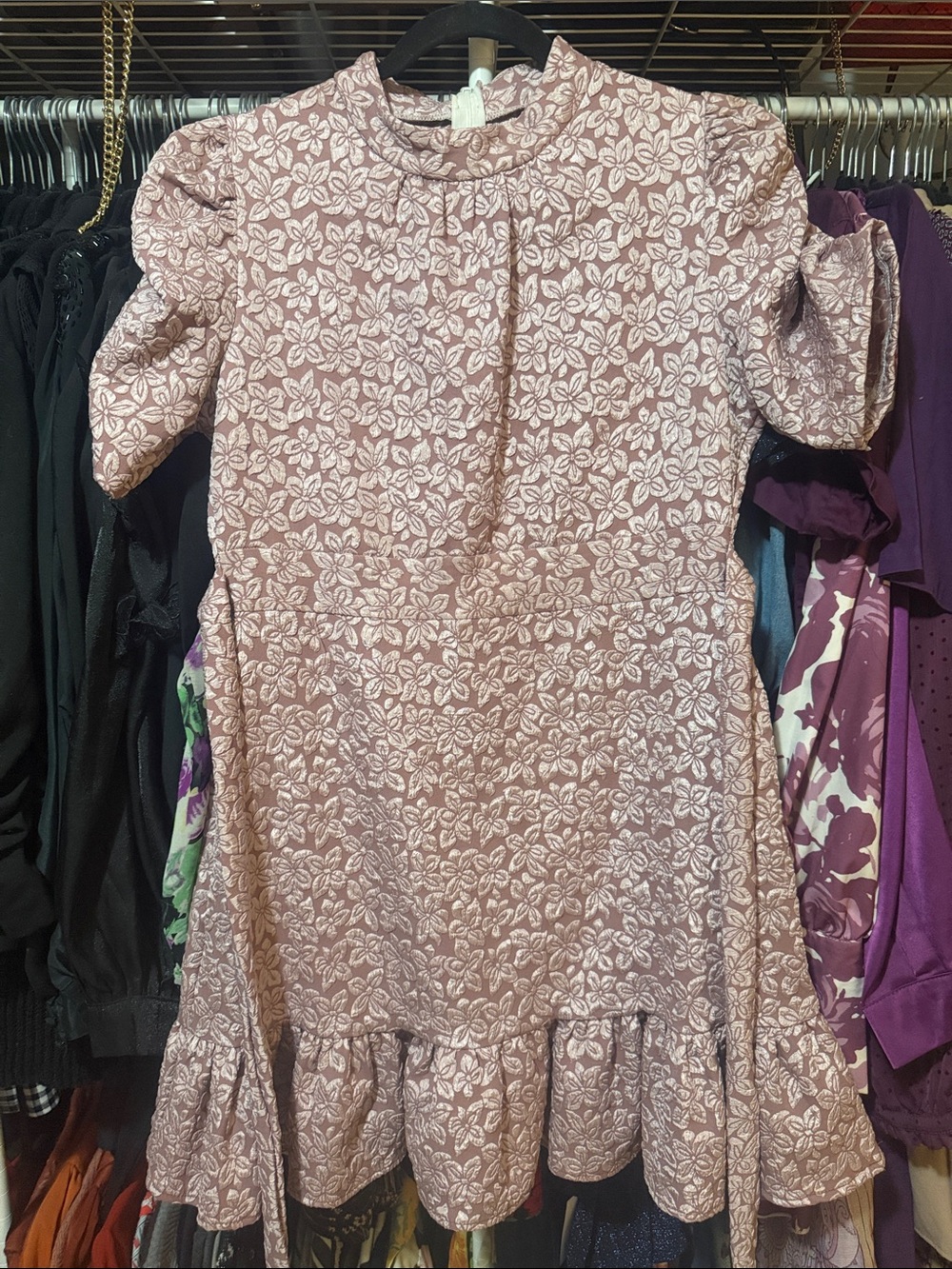 Mauve Floral Midi Dress with Ruffle Hem